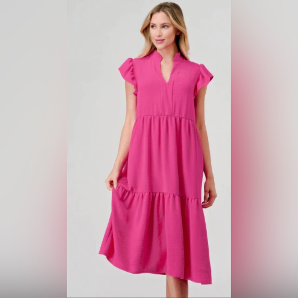 EUC Entro Barbiecore Pink MIDI Ruffle Tiered Dress Sz S